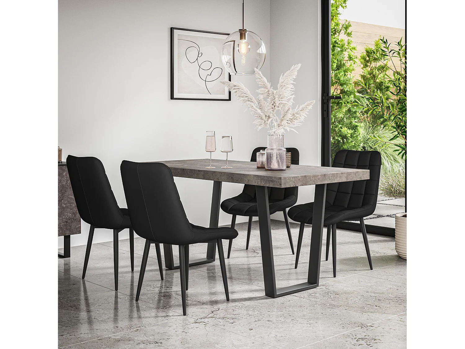 Aria Dining Table And Chairs -  Oak Effect Table Top w Black Legs + Nova Velvet Dining Chair Set Of 6