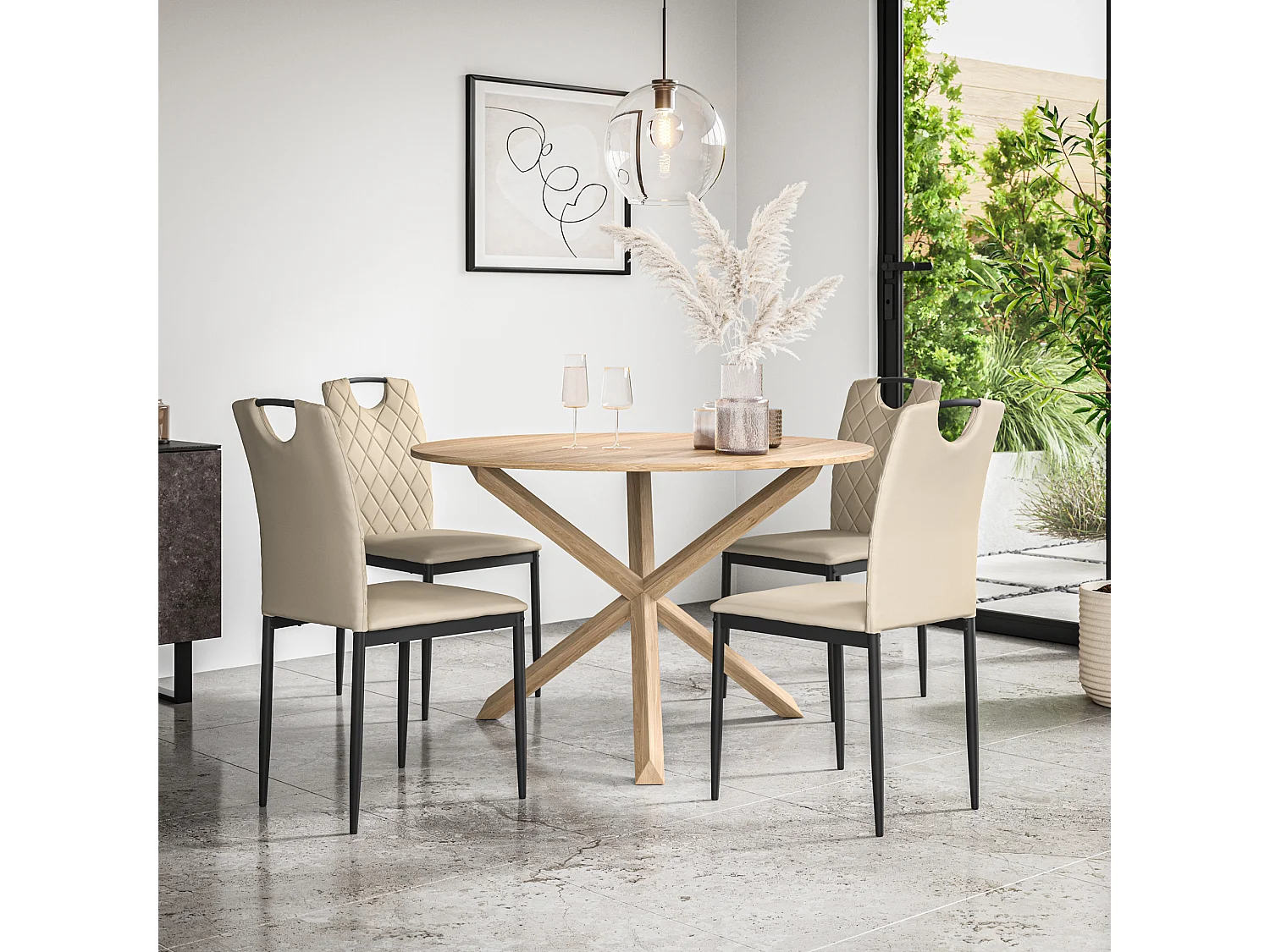 Malvern Round Dining Table And Chairs -  Oak Table Top w Solid Oak Legs + Monza Faux Leather Dining Chair Set Of 4