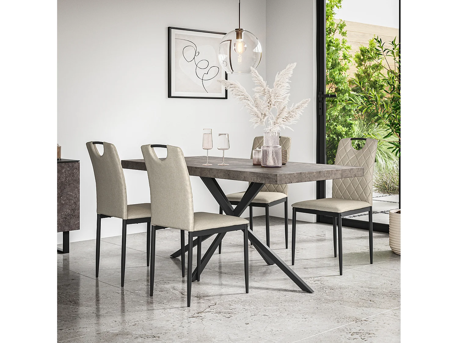 Donni Dining Table And Chairs -  Concrete Effect Table Top w Black Legs + Monza Linen Dining Chair Set Of 4