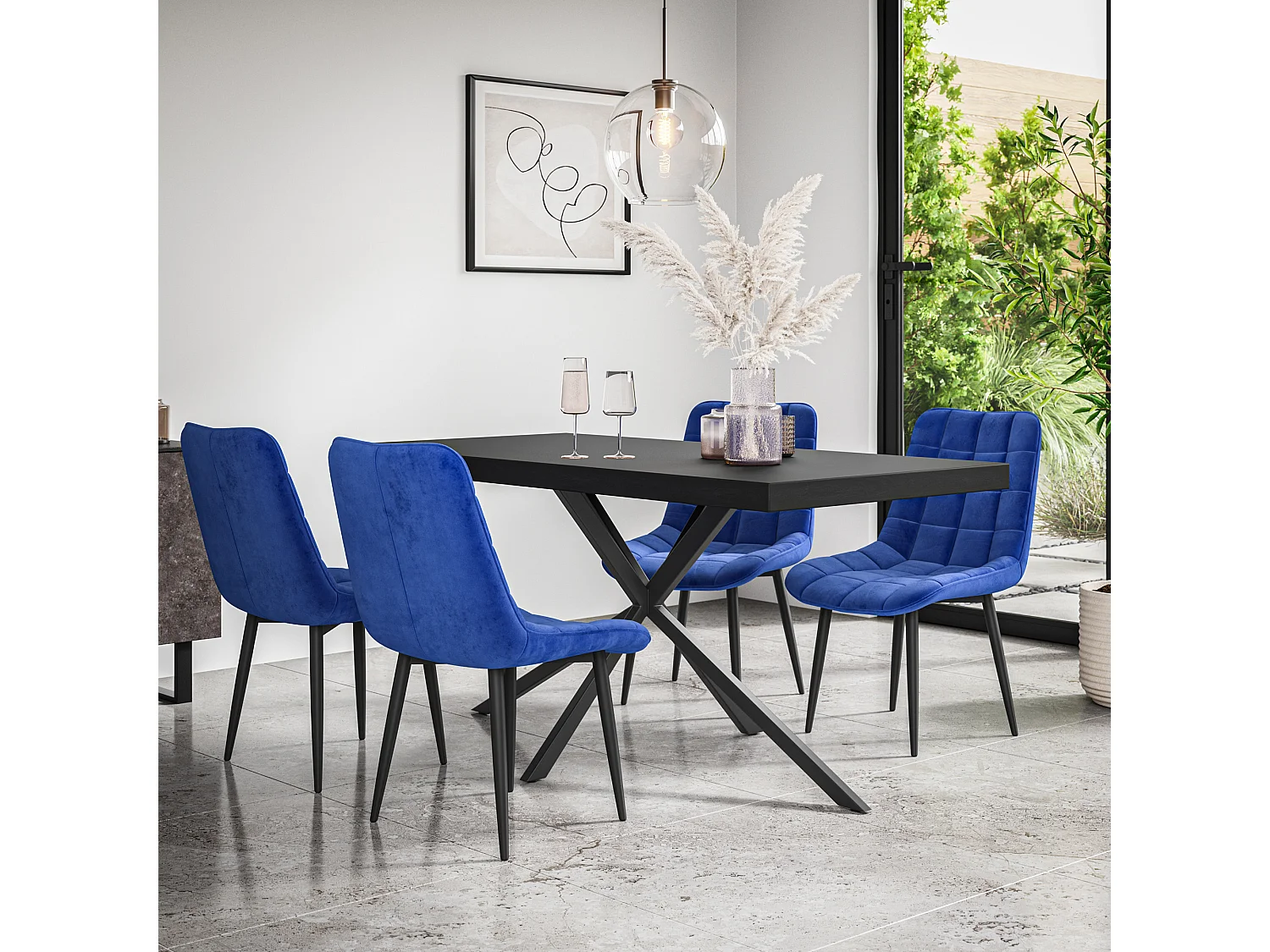 Donni Dining Table And Chairs -  Black Table Top w Black Legs + Nova Velvet Dining Chair Set Of 6