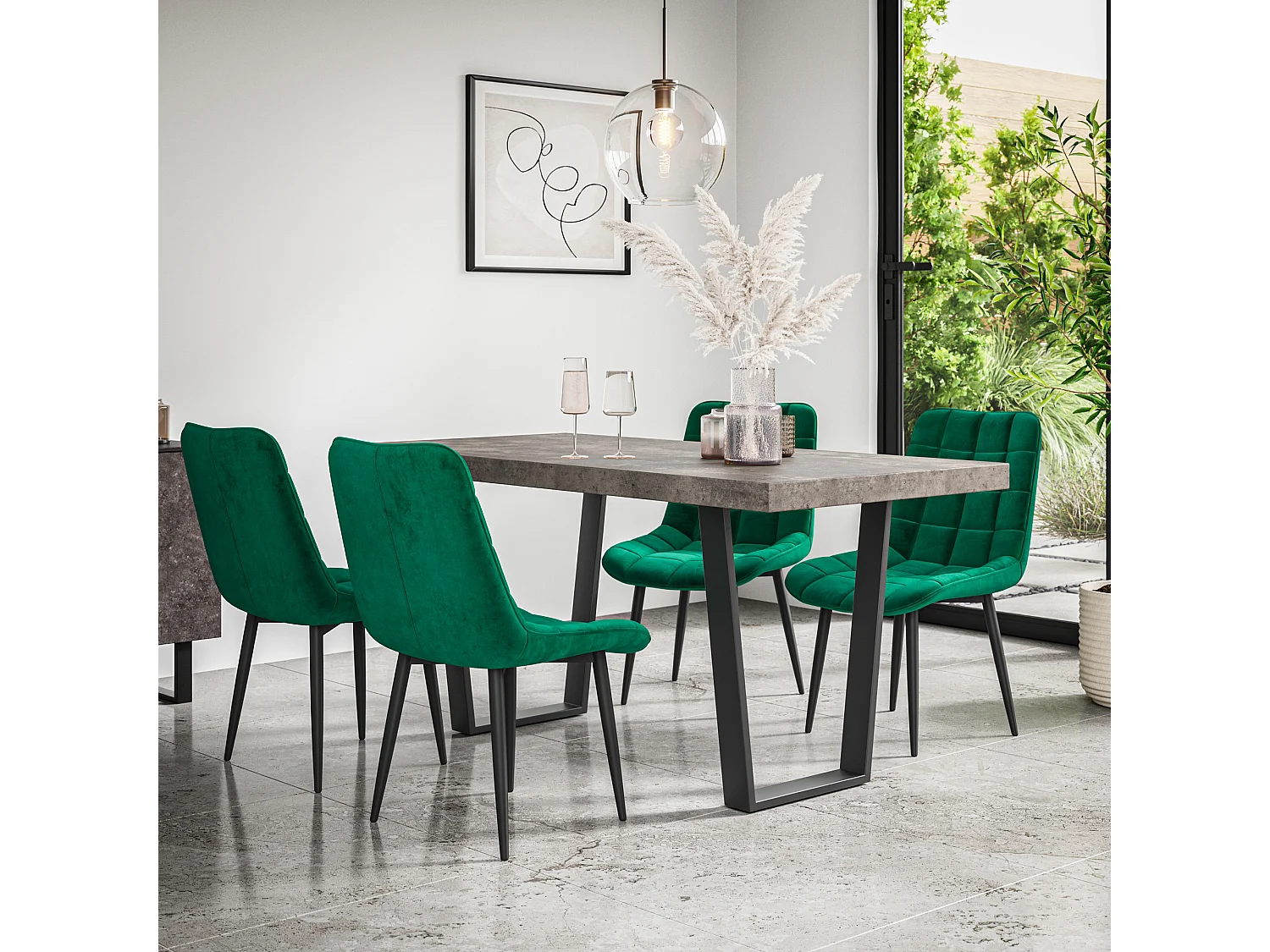 Aria Dining Table And Chairs -  Concrete Effect Table Top w Black Legs + Nova Velvet Dining Chair Set Of 6
