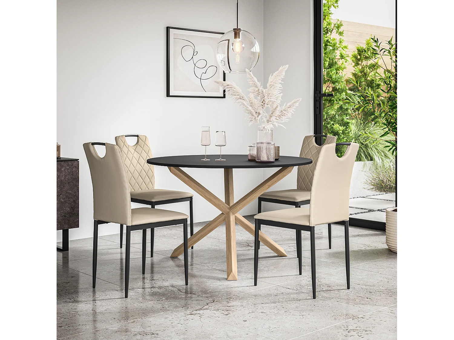 Malvern Round Dining Table And Chairs -  Black Table Top w Solid Oak Legs + Monza Faux Leather Dining Chair Set Of 4