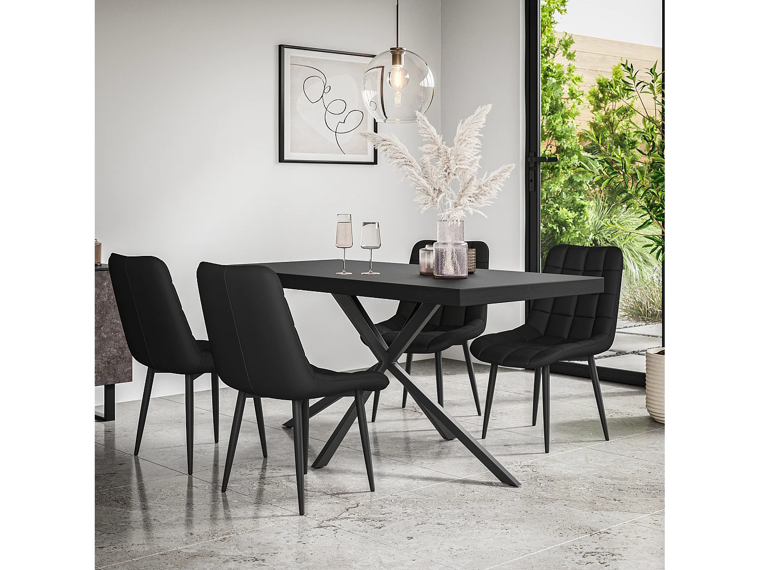 Donni Dining Table And Chairs -  Black Table Top w Black Legs + Nova Faux Leather Dining Chair Set Of 4