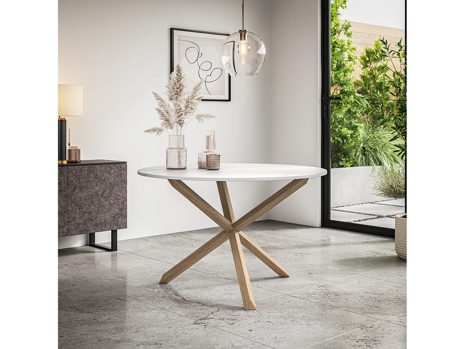 Malvern Round Dining Table And Chairs -  Marble Table Top w Solid Oak Legs + Nova Velvet Dining Chair Set Of 6