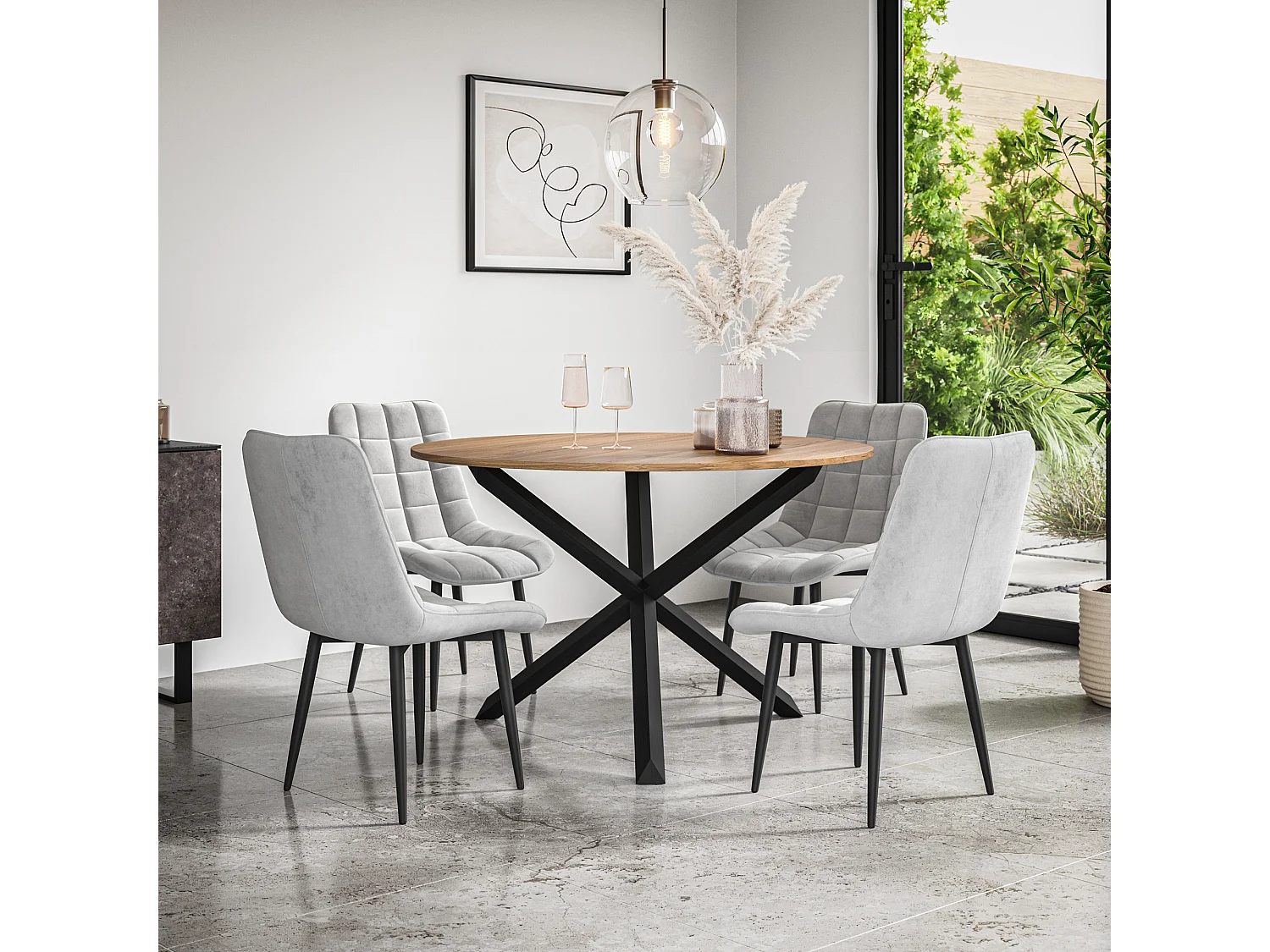 Malvern Round Dining Table And Chairs -  Oak Table Top w Solid Oak Black Legs + Nova Velvet Dining Chair Set Of 4