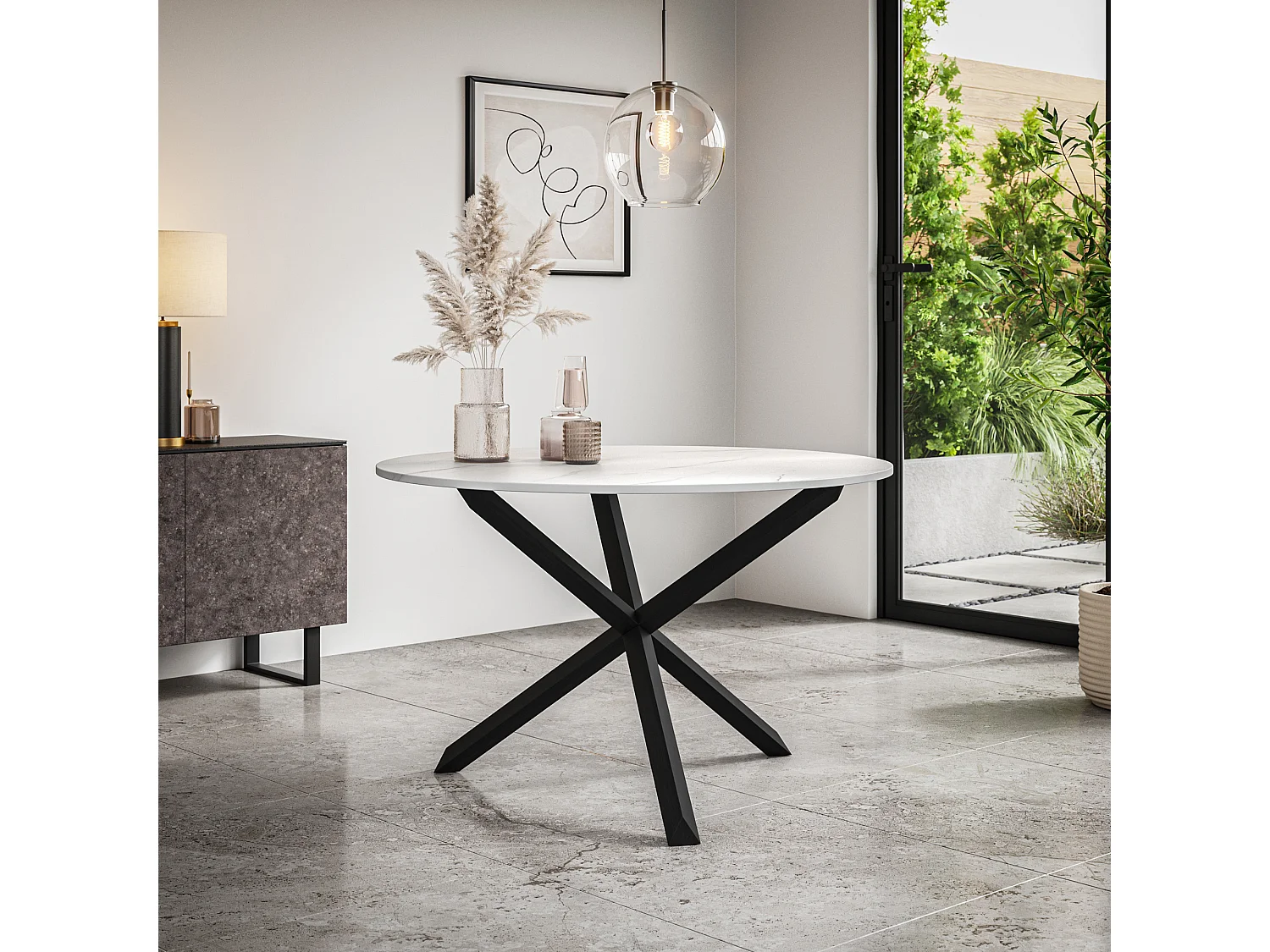 Malvern Round Dining Table And Chairs -  Marble Table Top w Solid Oak Black Legs + Monza Fabric Dining Chair Set Of 6
