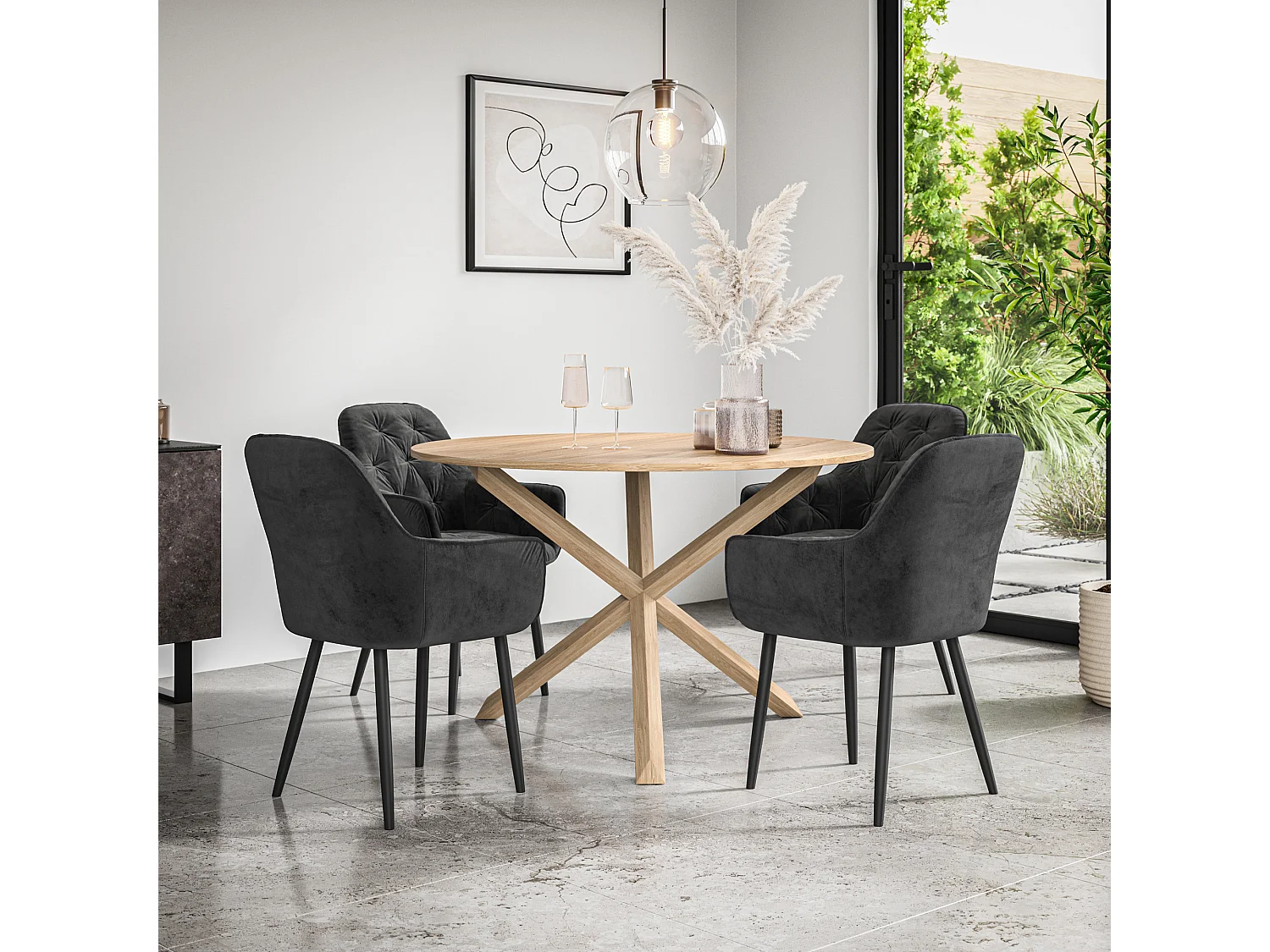 Malvern Round Dining Table And Chairs -  Oak Table Top w Solid Oak Legs + Anika Velvet Dining Chair Set Of 4
