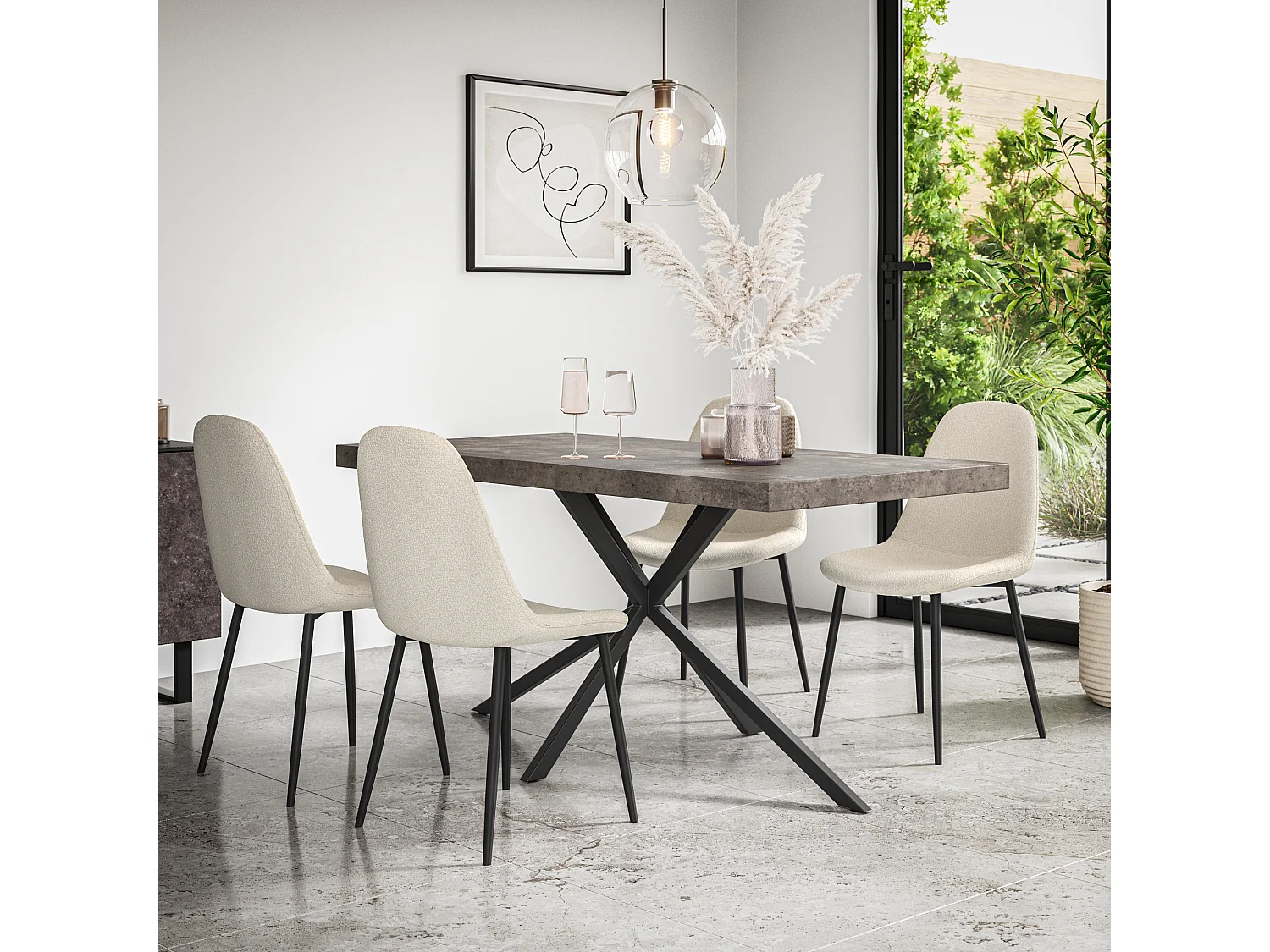 Donni Dining Table And Chairs -  Concrete Effect Table Top w Black Legs + Maya Boucle Dining Chair Set Of 4