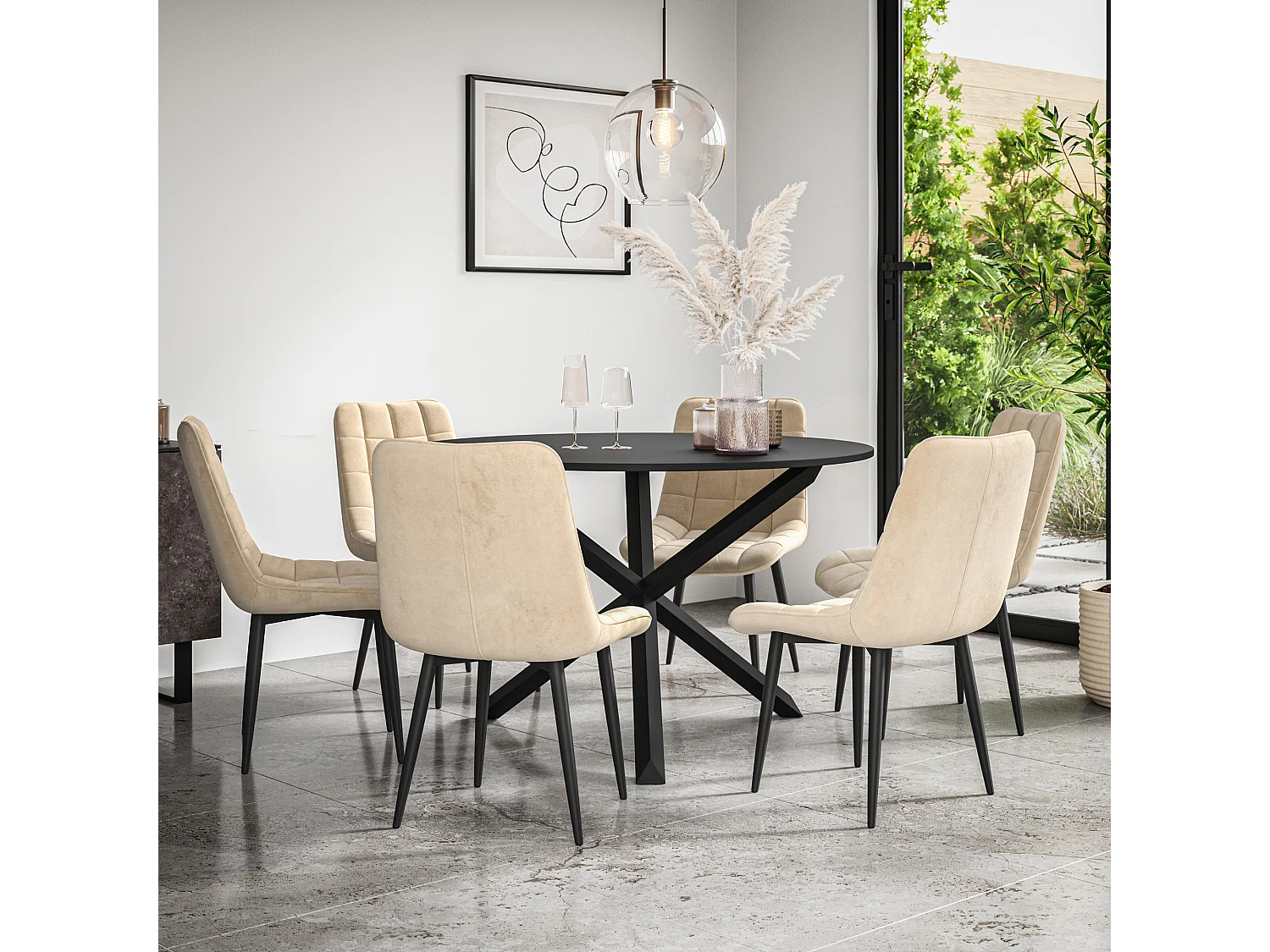Malvern Round Dining Table And Chairs -  Black Table Top w Solid Oak Black Legs + Nova Velvet Dining Chair Set Of 6