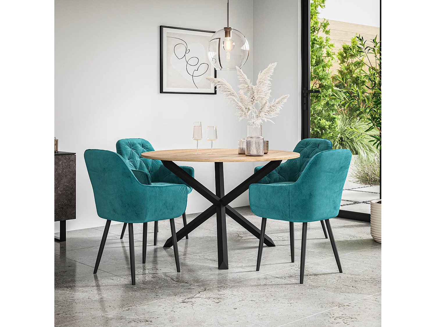 Malvern Round Dining Table And Chairs -  Oak Table Top w Solid Oak Black Legs + Anika Velvet Dining Chair Set Of 4