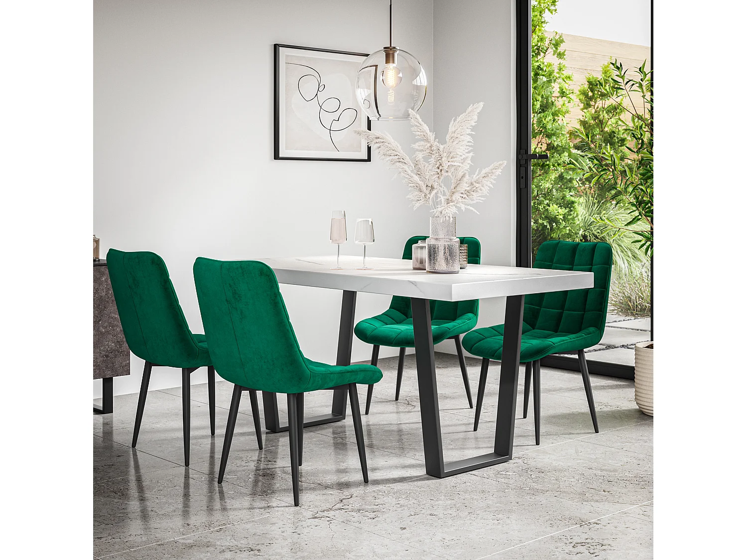 Aria Dining Table And Chairs -  White Marble Effect Table Top w Black Legs + Nova Velvet Dining Chair Set Of 4