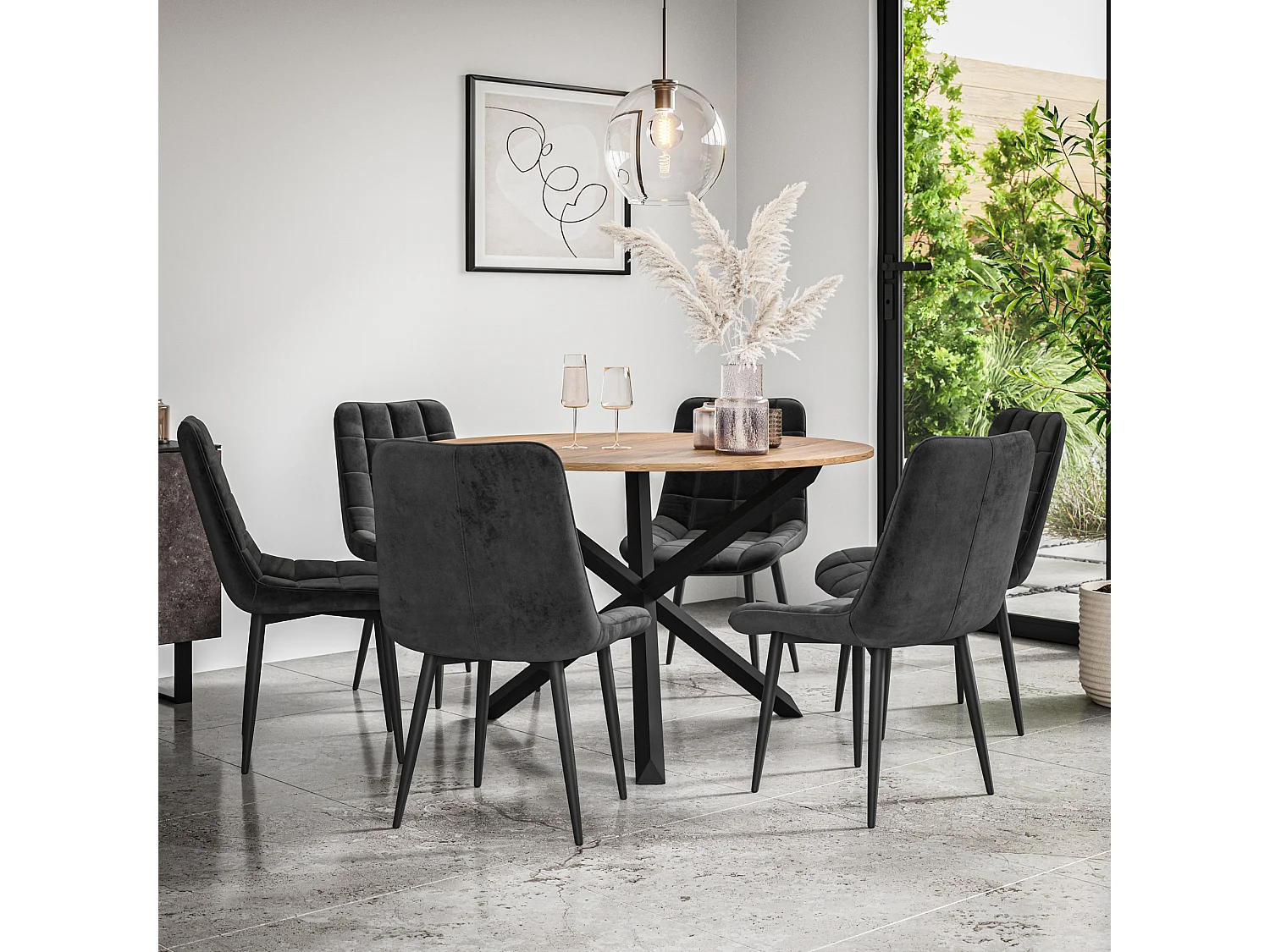 Malvern Round Dining Table And Chairs -  Oak Table Top w Solid Oak Black Legs + Nova Velvet Dining Chair Set Of 6
