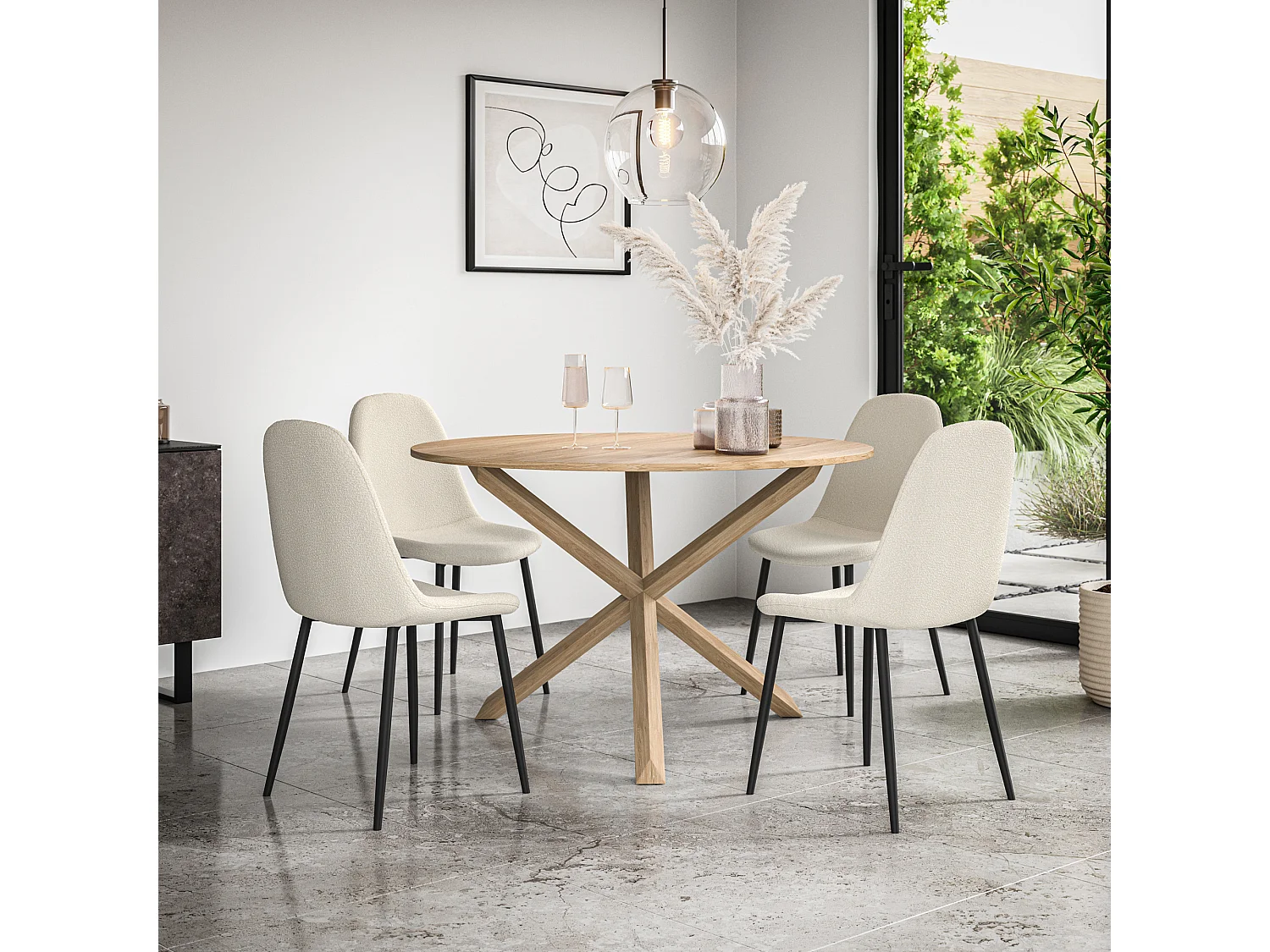 Malvern Round Dining Table And Chairs -  Oak Table Top w Solid Oak Legs + Maya Boucle Dining Chair Set Of 4
