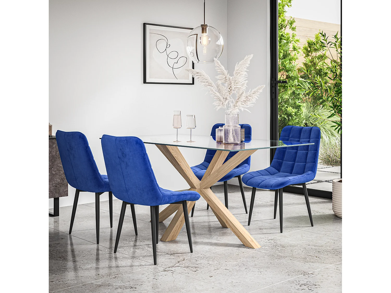 Etta Glass Dining Table And Chairs - Glass Top w Solid Oak Legs + Nova Velvet Dining Chair Set Of 4