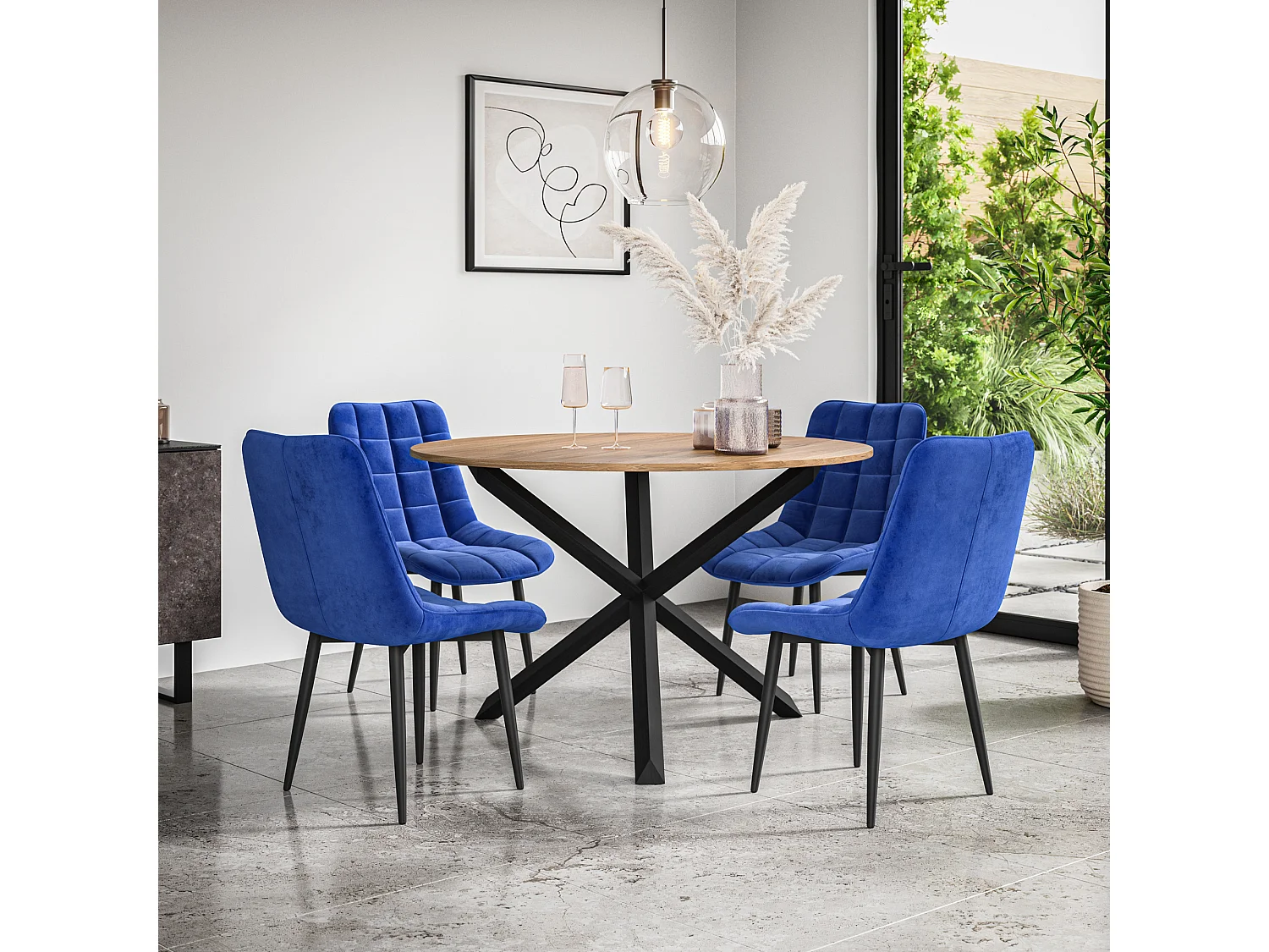 Malvern Round Dining Table And Chairs -  Oak Table Top w Solid Oak Black Legs + Nova Velvet Dining Chair Set Of 4