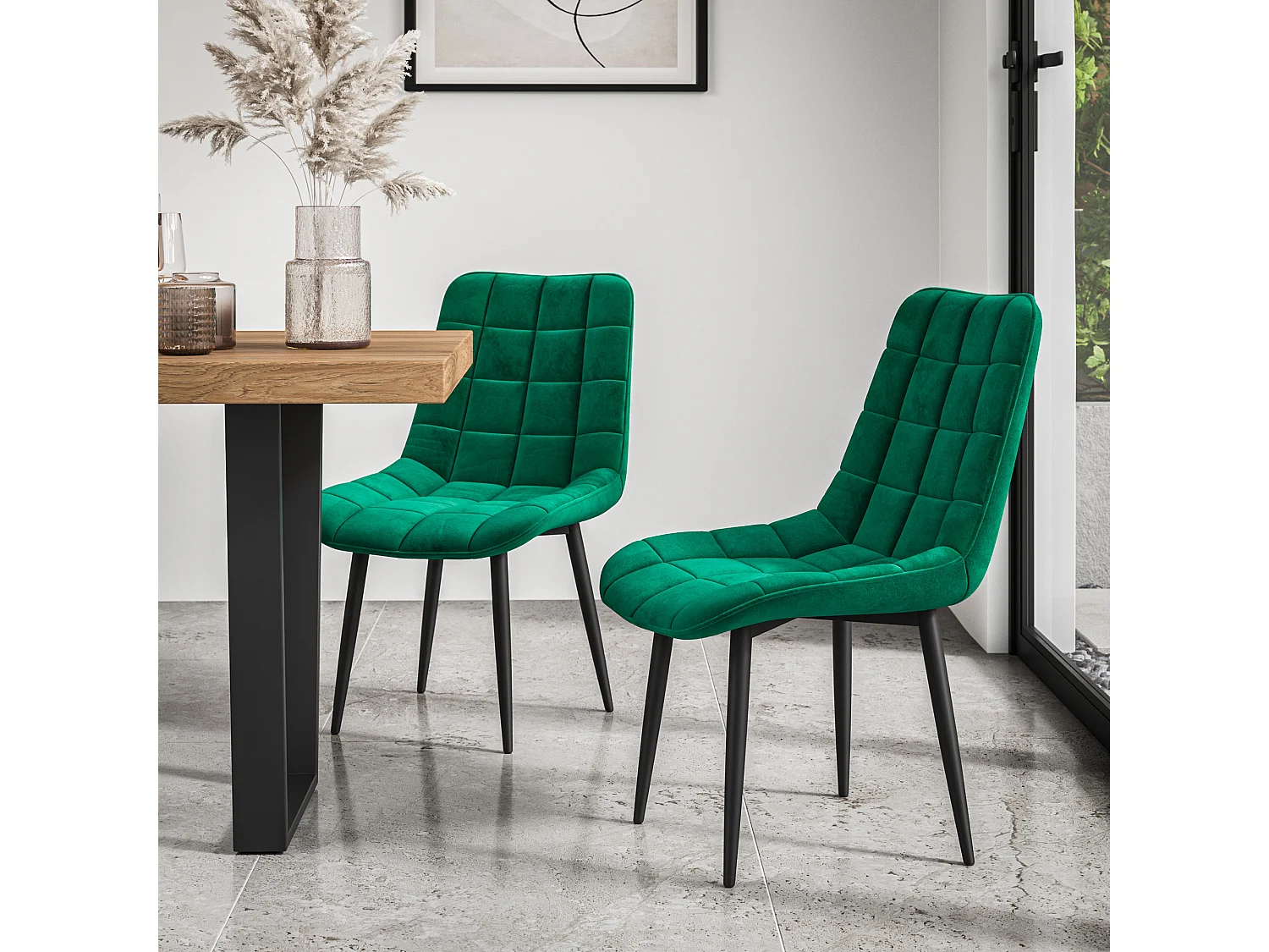 Malvern Round Dining Table And Chairs -  Marble Table Top w Solid Oak Black Legs + Nova Velvet Dining Chair Set Of 4