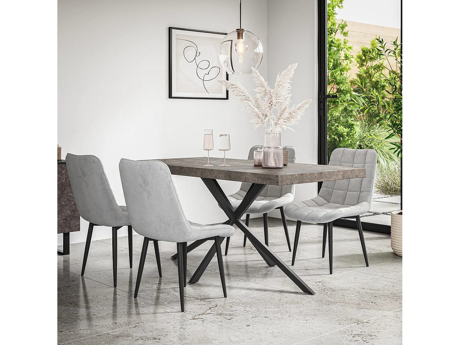 Donni Dining Table And Chairs -  Concrete Effect Table Top w Black Legs + Nova Velvet Dining Chair Set Of 4