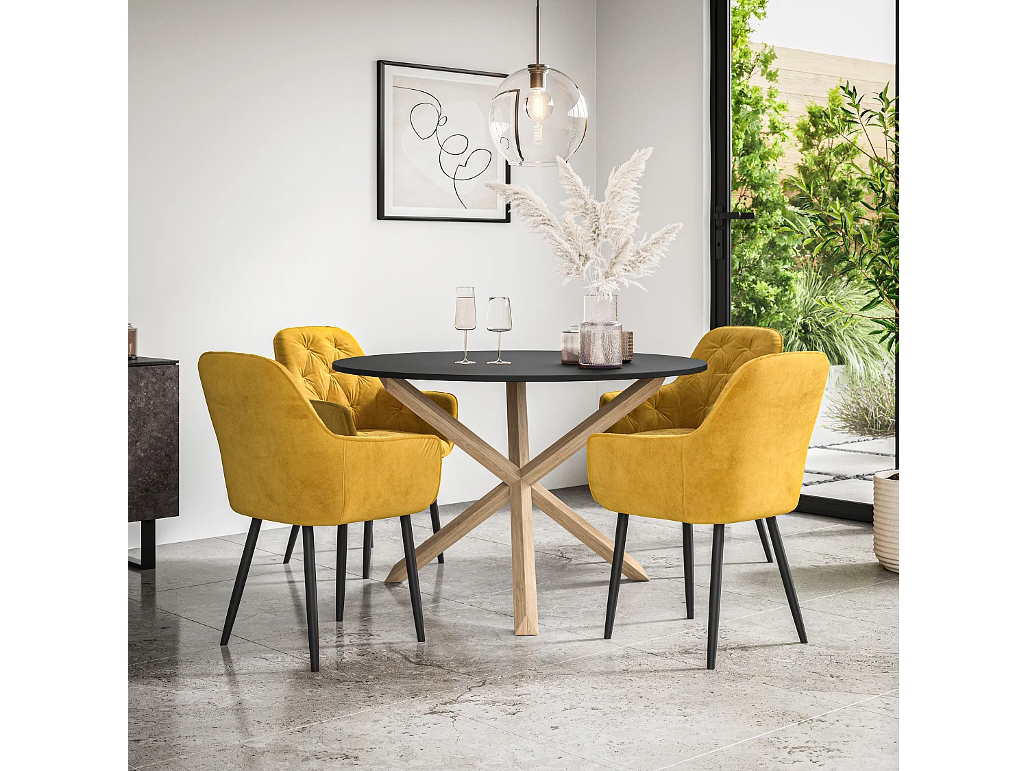 Malvern Round Dining Table And Chairs -  Black Table Top w Solid Oak Legs + Anika Velvet Dining Chair Set Of 4