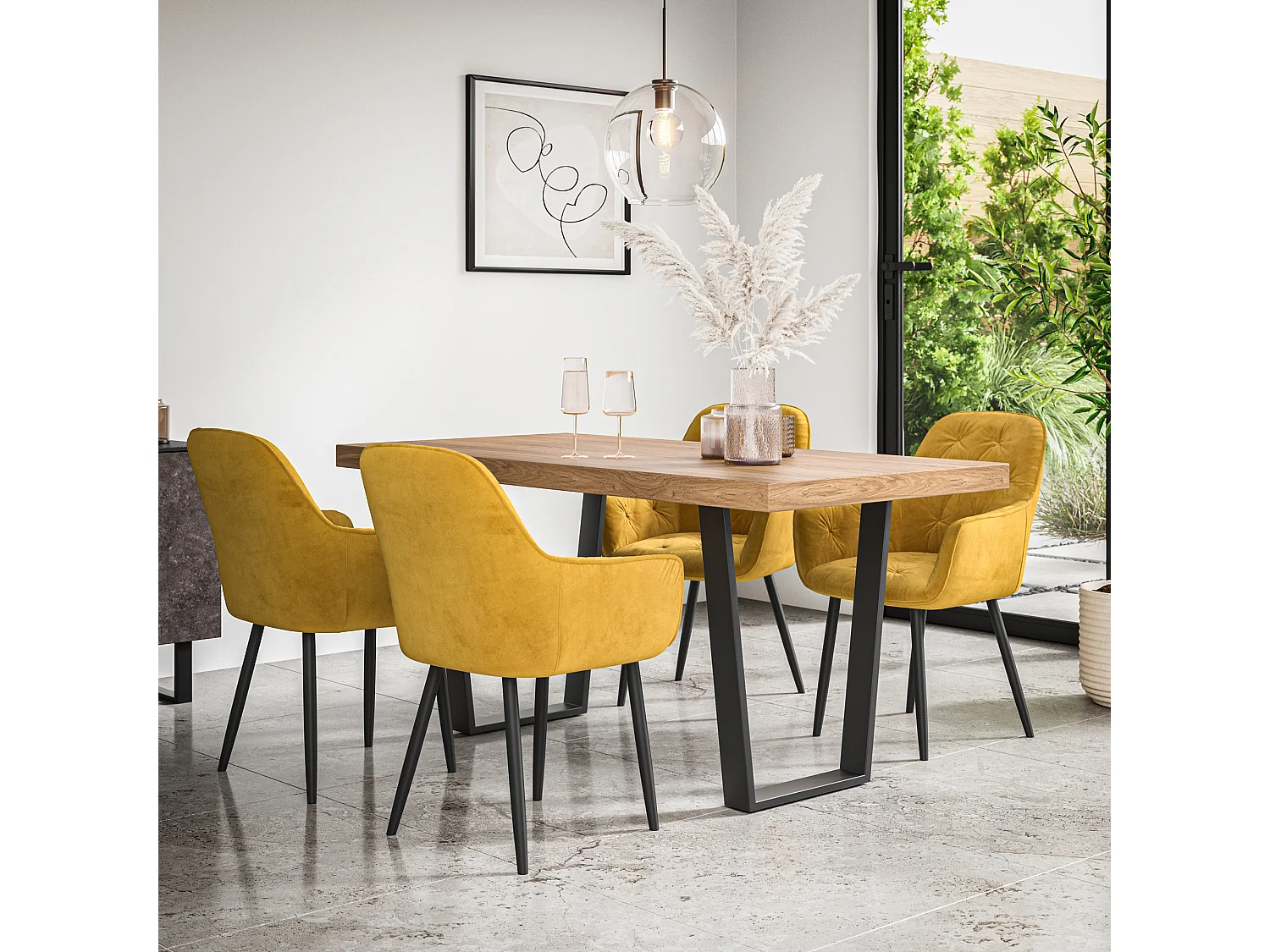Aria Dining Table And Chairs -  Oak Effect Table Top w Black Legs + Anika Velvet Dining Chair Set Of 6