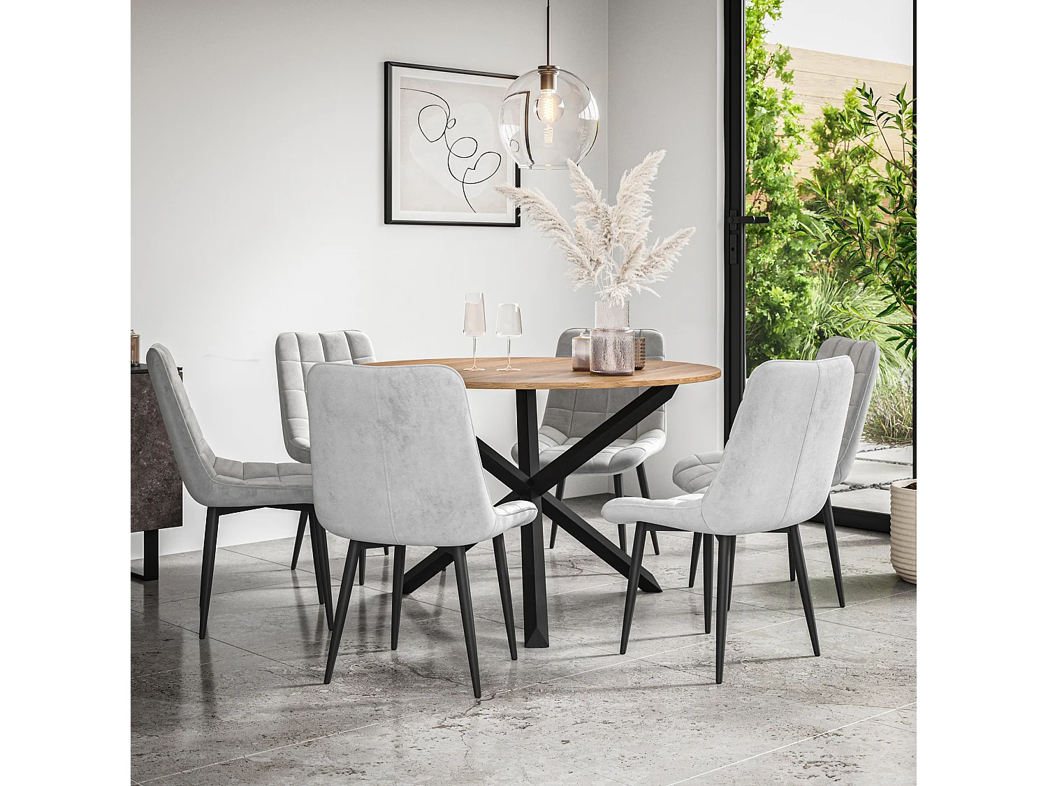 Malvern Round Dining Table And Chairs -  Oak Table Top w Solid Oak Black Legs + Nova Velvet Dining Chair Set Of 6