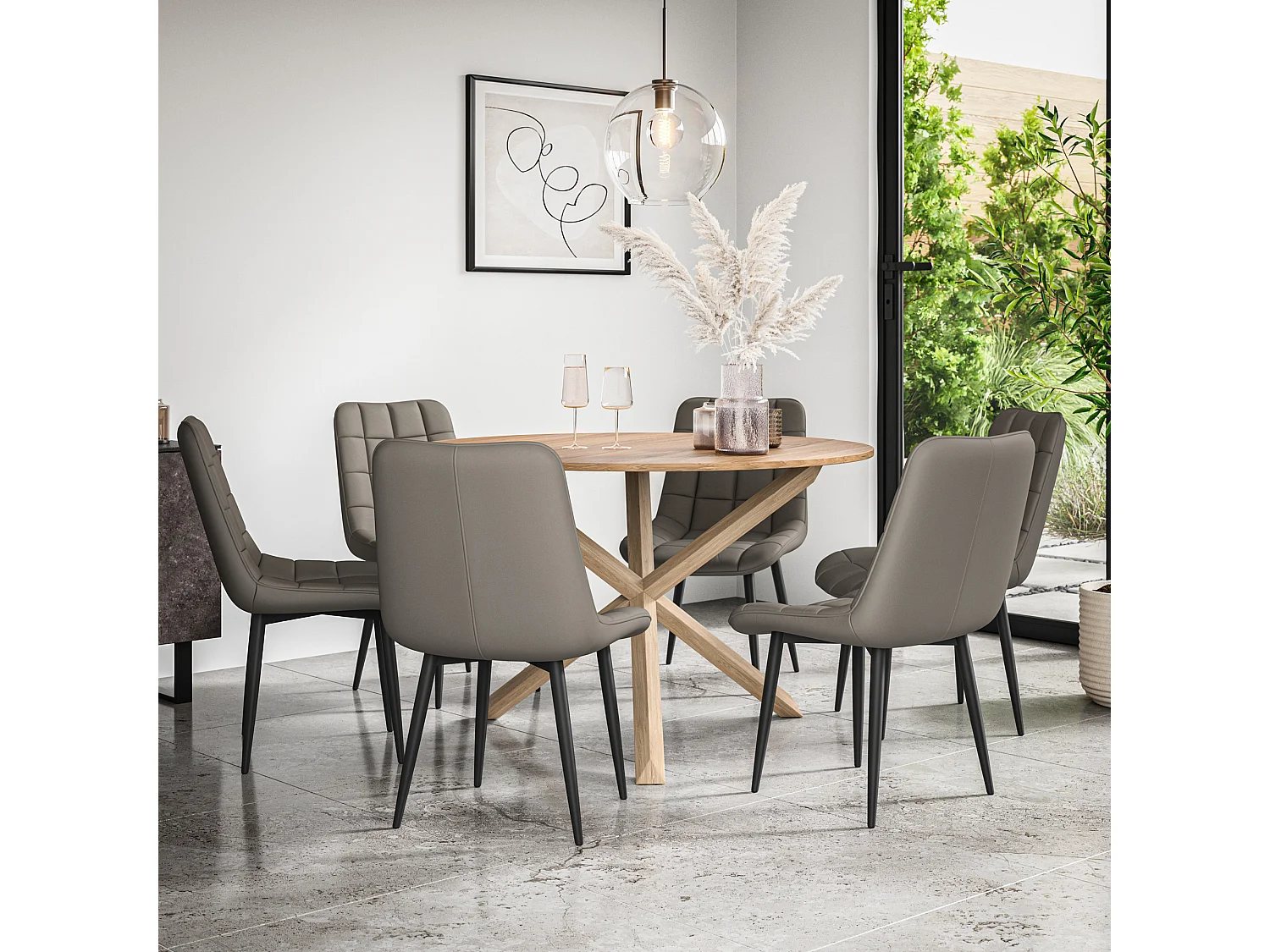 Malvern Round Dining Table And Chairs -  Oak Table Top w Solid Oak Legs + Nova Faux Leather Dining Chair Set Of 6