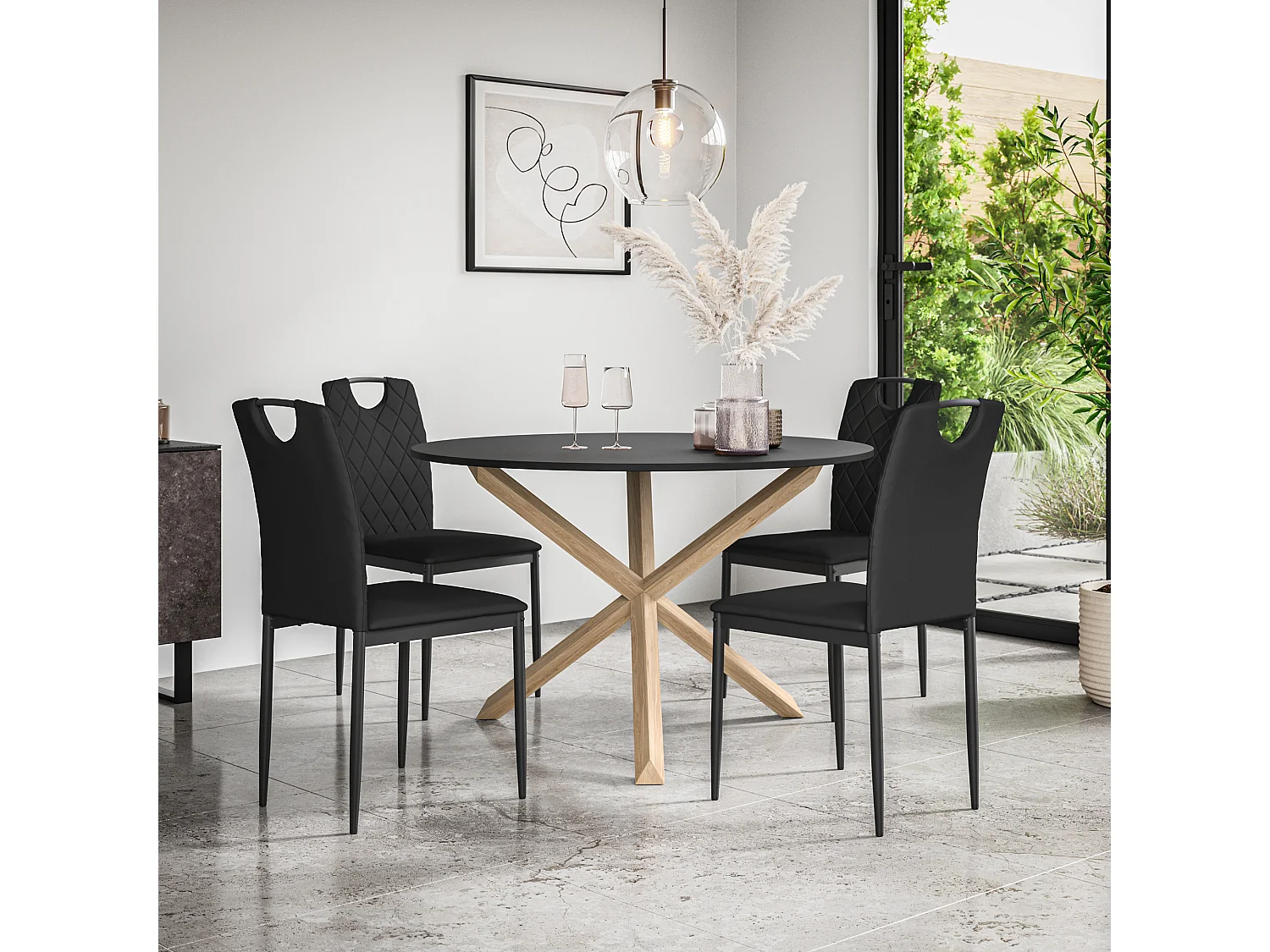 Malvern Round Dining Table And Chairs -  Black Table Top w Solid Oak Legs + Monza Faux Leather Dining Chair Set Of 4