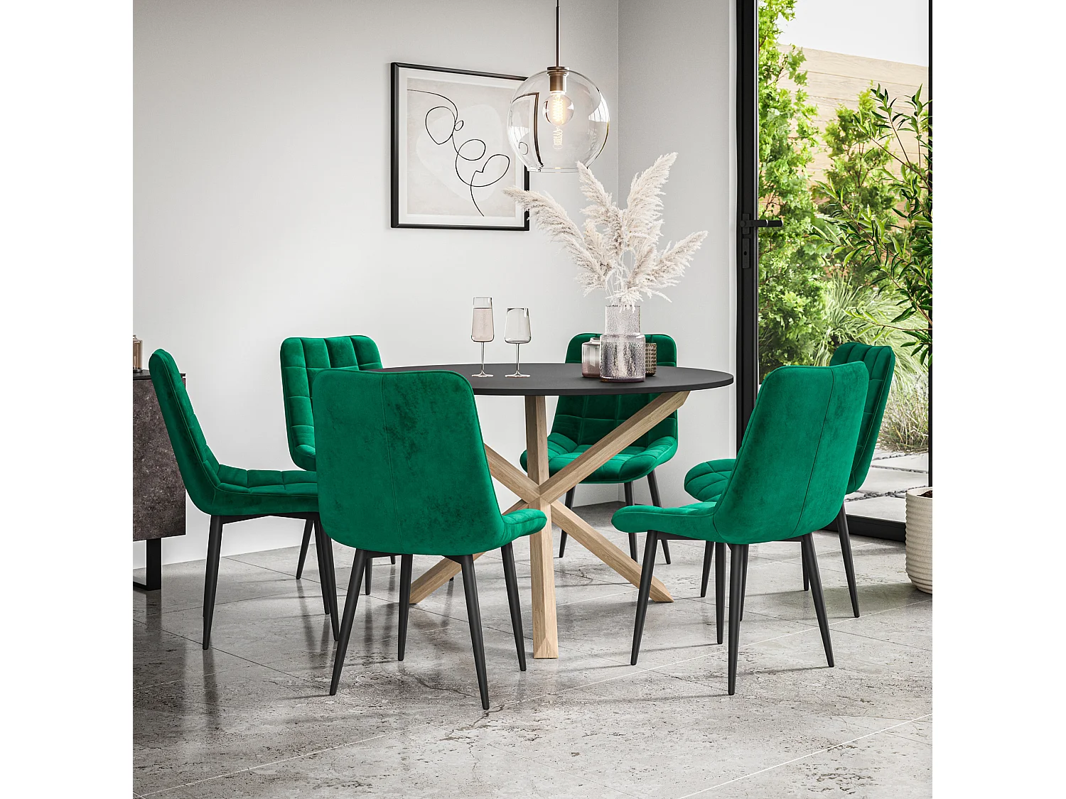 Malvern Round Dining Table And Chairs -  Black Table Top w Solid Oak Legs + Nova Velvet Dining Chair Set Of 6