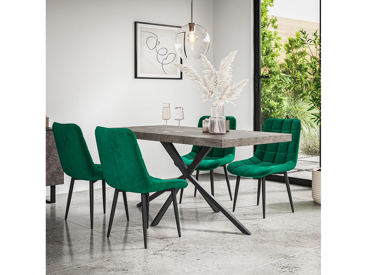 Donni Dining Table And Chairs -  Concrete Effect Table Top w Black Legs + Nova Velvet Dining Chair Set Of 4