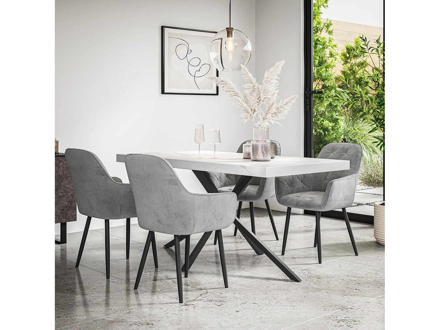 Donni Dining Table And Chairs -  White Marble Effect Table Top w Black Legs + Anika Velvet Dining Chair Set Of 6