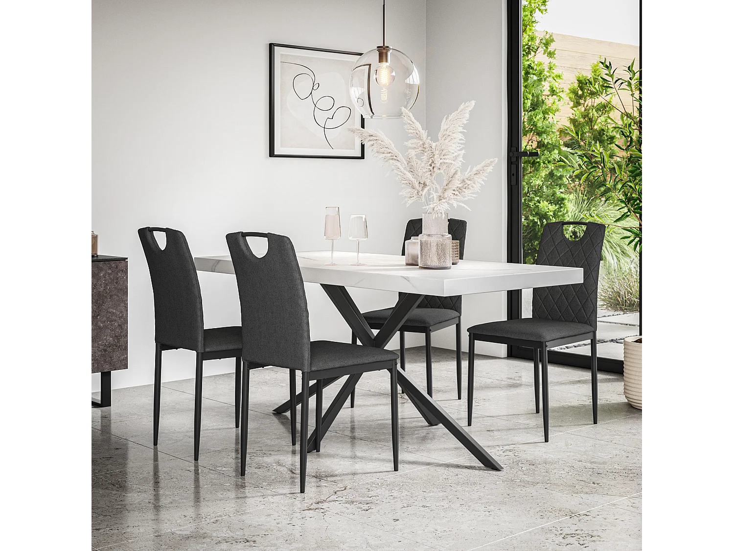 Donni Dining Table And Chairs -  White Marble Effect Table Top w Black Legs + Monza Linen Dining Chair l Set Of 4