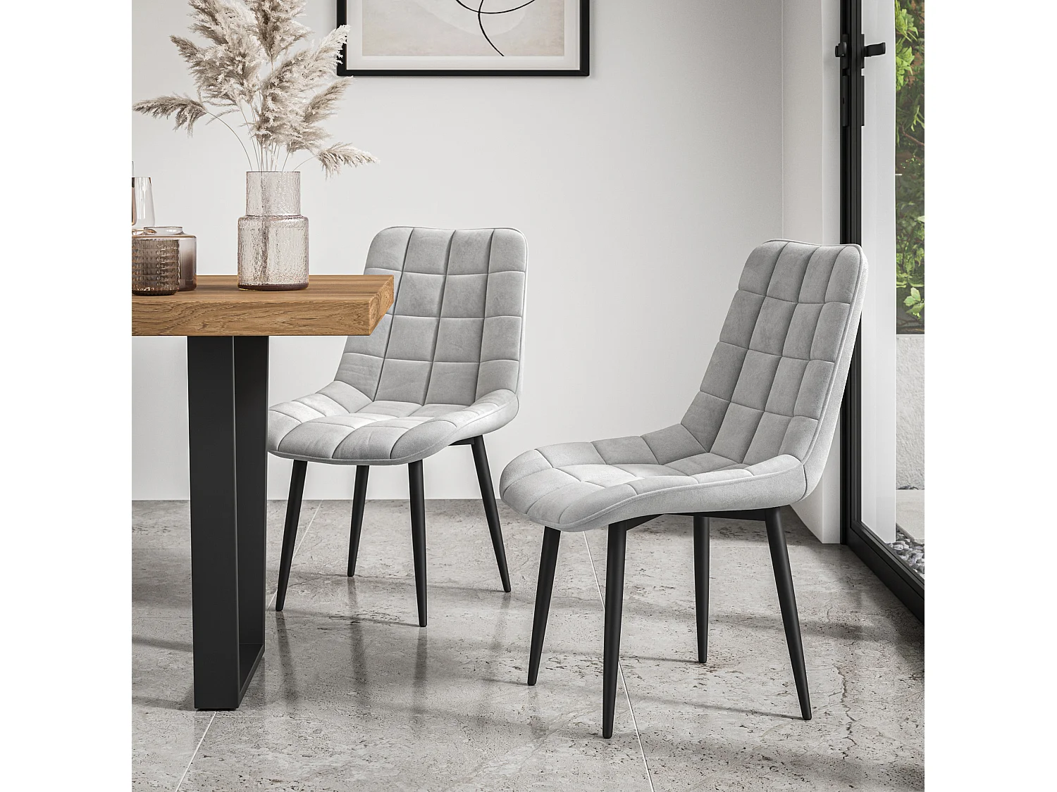 Malvern Round Dining Table And Chairs -  Clear Glass Table Top w Solid Oak Black Legs + Nova Velvet Dining Chair Set Of 6