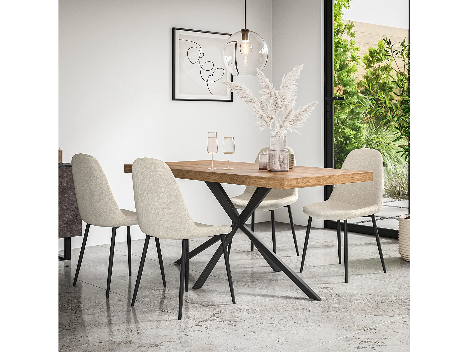 Donni Dining Table And Chairs -  Oak Effect Table Top w Black Legs + Maya Boucle Dining Chair Set Of 4