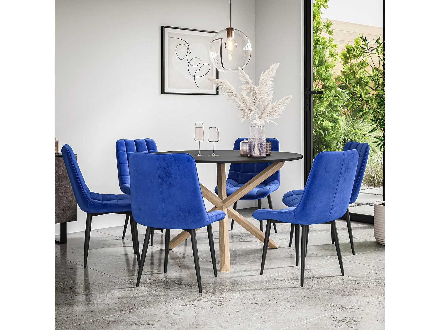 Malvern Round Dining Table And Chairs -  Black Table Top w Solid Oak Legs + Nova Velvet Dining Chair Set Of 6