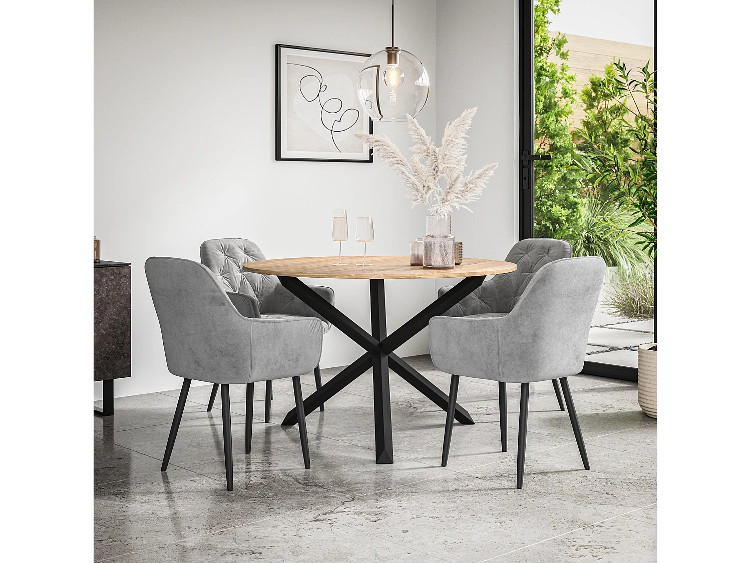 Malvern Round Dining Table And Chairs -  Oak Table Top w Solid Oak Black Legs + Anika Velvet Dining Chair Set Of 4