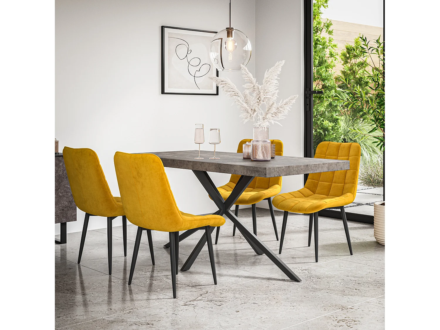 Donni Dining Table And Chairs -  Concrete Effect Table Top w Black Legs + Nova Velvet Dining Chair Set Of 6