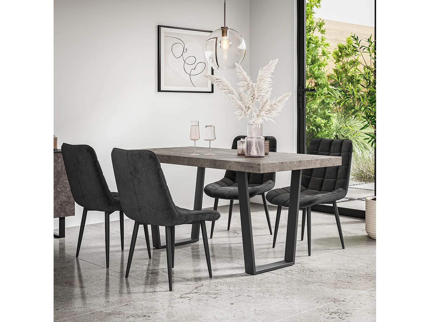 Aria Dining Table And Chairs -  Concrete Effect Table Top w Black Legs + Nova Velvet Dining Chair Set Of 4