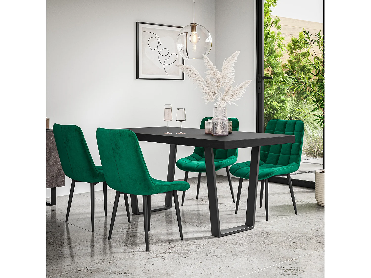 Aria Dining Table And Chairs -  Black Table Top w Black Legs + Nova Velvet Dining Chair Set Of 4