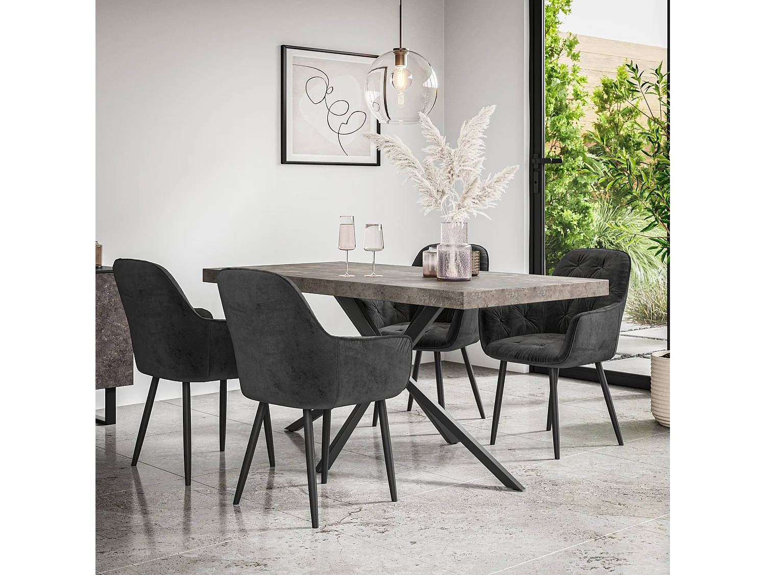 Donni Dining Table And Chairs -  Concrete Effect Table Top w Black Legs + Anika Velvet Dining Chair Set Of 6