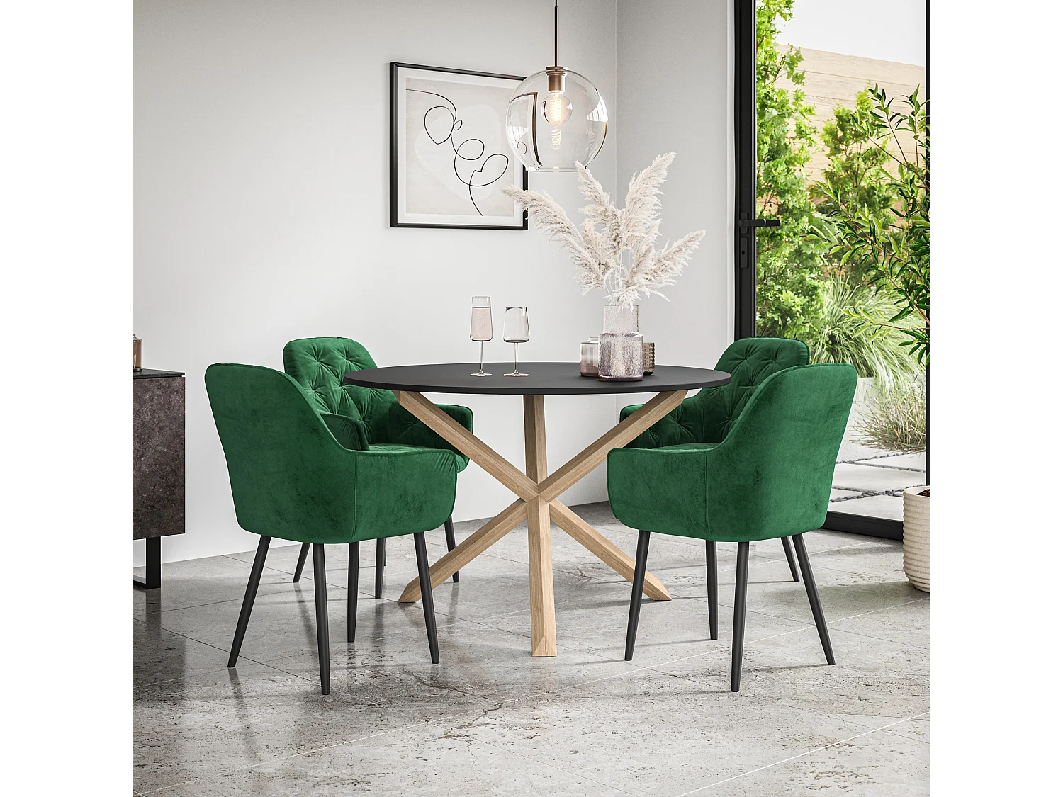Malvern Round Dining Table And Chairs -  Black Table Top w Solid Oak Legs + Anika Velvet Dining Chair Set Of 4