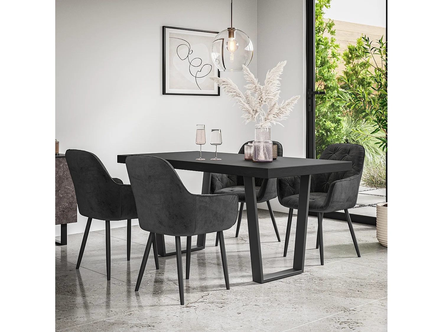 Aria Dining Table And Chairs -  Black Table Top w Black Legs + Anika Velvet Dining Chair Set Of 4