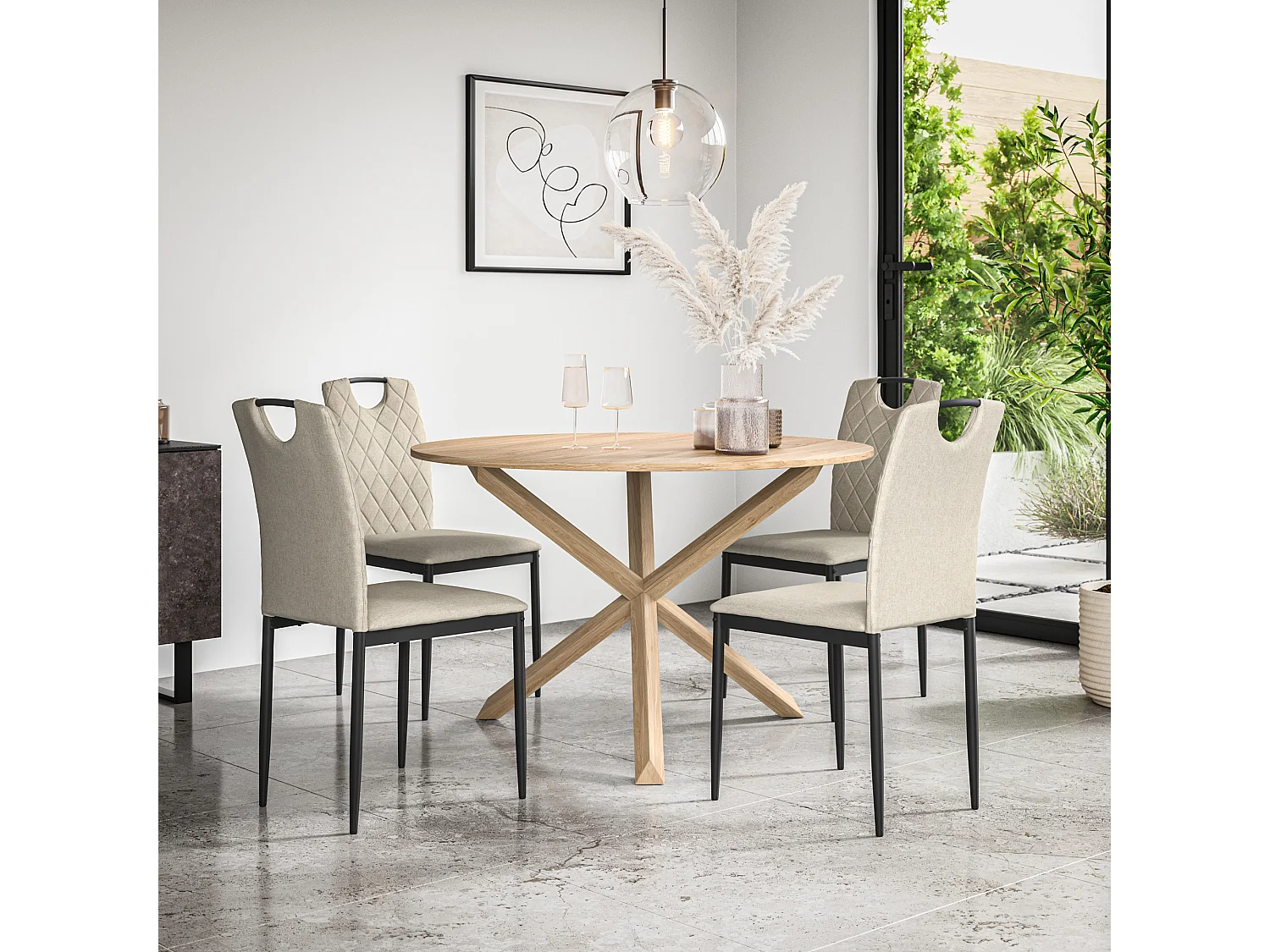 Malvern Round Dining Table And Chairs -  Oak Table Top w Solid Oak Legs + Monza Fabric Dining Chair Set Of 4