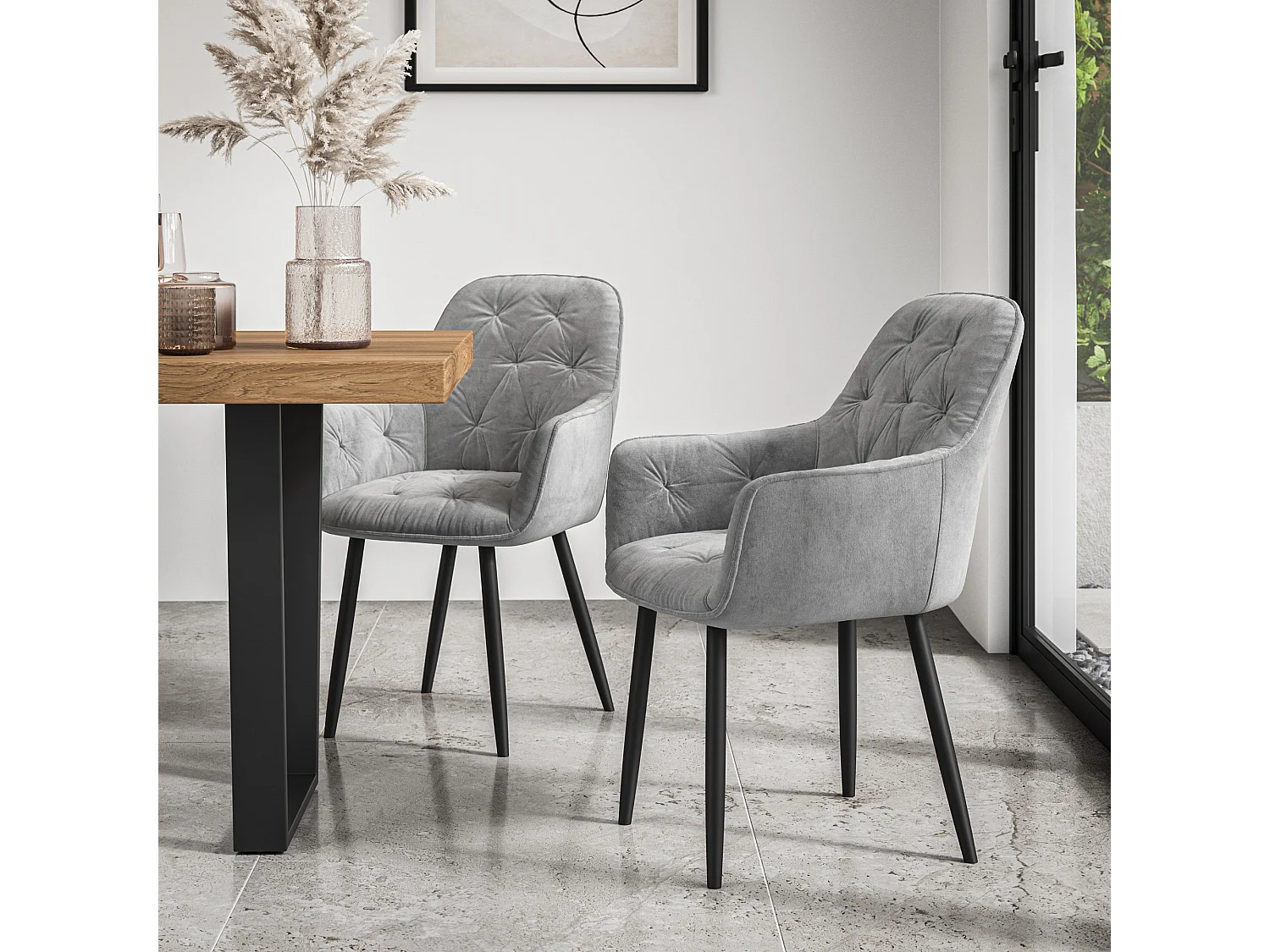 Etta Glass Dining Table And Chairs - Glass Top w Solid Oak Legs + Anika Velvet Dining Chair Set Of 6