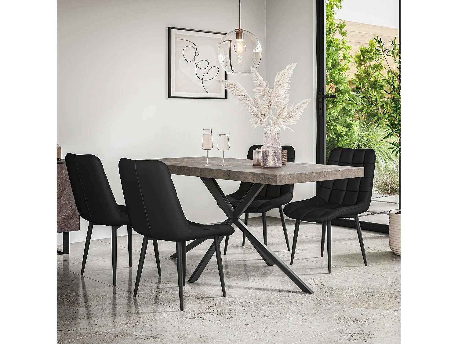 Donni Dining Table And Chairs -  Concrete Effect Table Top w Black Legs + Nova Faux Leather Dining Chair Set Of 4