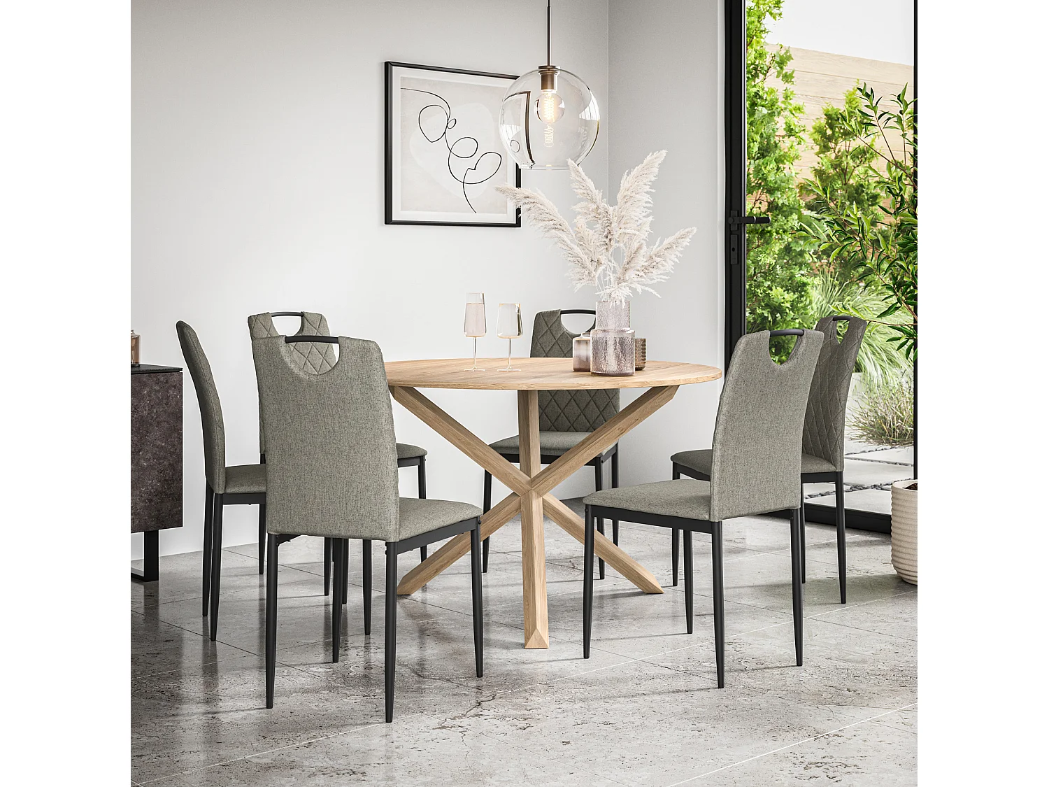 Malvern Round Dining Table And Chairs -  Oak Table Top w Solid Oak Legs + Monza Fabric Dining Chair Set Of 6