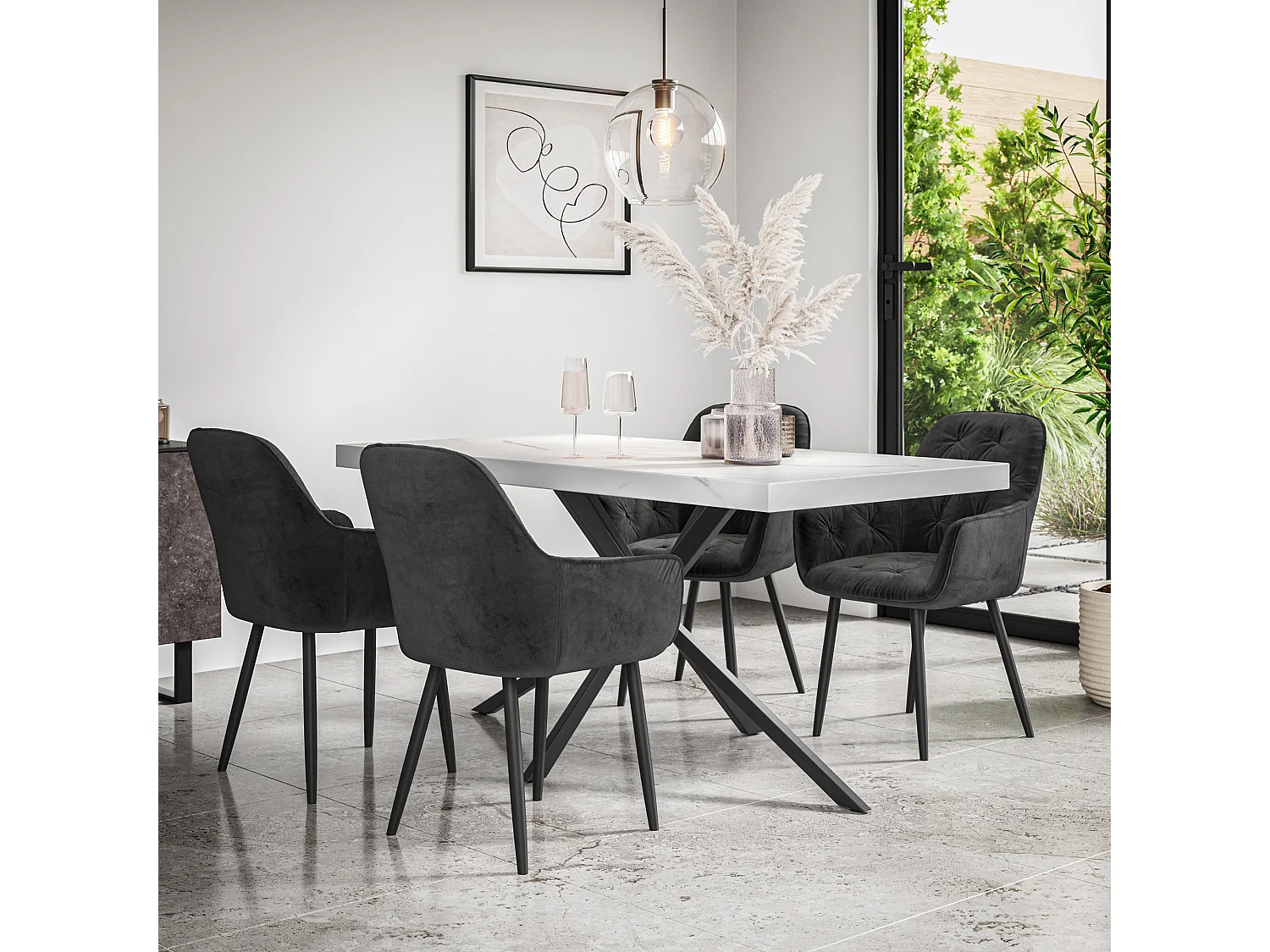 Donni Dining Table And Chairs -  White Marble Effect Table Top w Black Legs + Anika Velvet Dining Chair Set Of 6