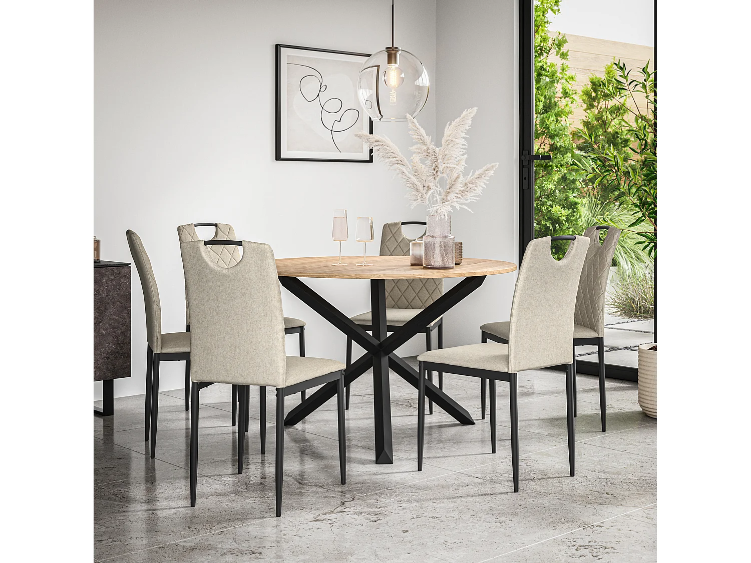 Malvern Round Dining Table And Chairs -  Oak Table Top w Solid Oak Black Legs + Monza Fabric Dining Chair Set Of 6