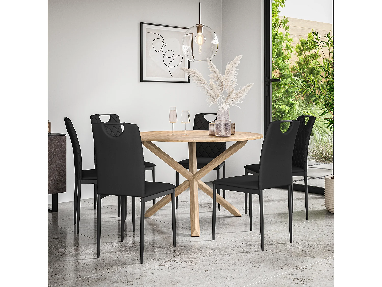 Malvern Round Dining Table And Chairs -  Oak Table Top w Solid Oak Legs + Monza Faux Leather Dining Chair Set Of 6