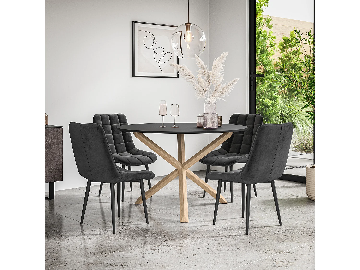 Malvern Round Dining Table And Chairs -  Black Table Top w Solid Oak Legs + Nova Velvet Dining Chair Set Of 4