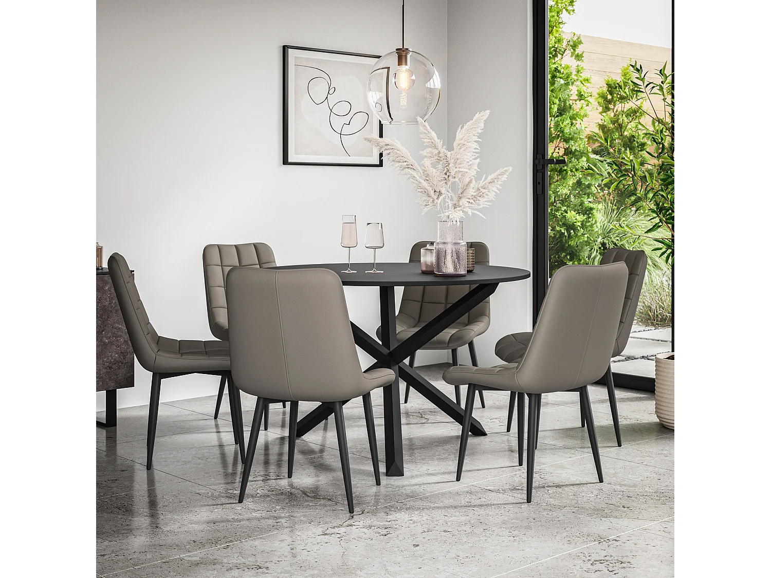 Malvern Round Dining Table And Chairs -  Black Table Top w Solid Oak Black Legs + Nova Faux Leather Dining Chair Set Of 6
