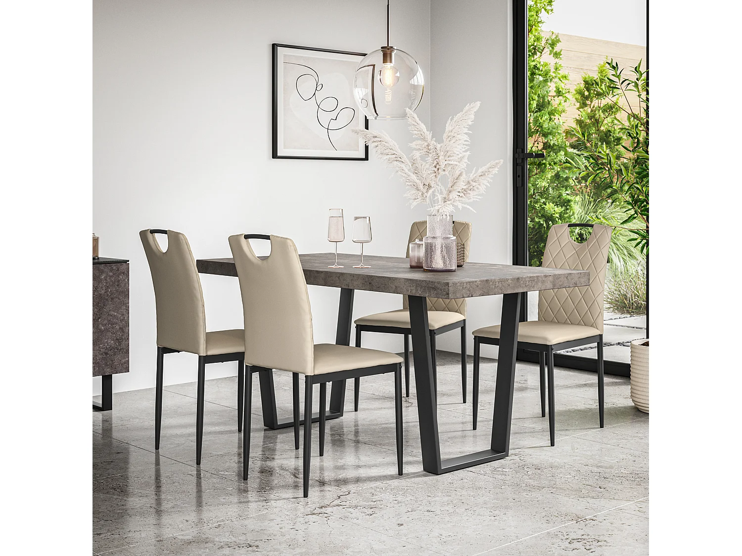 Aria Dining Table And Chairs -  Concrete Effect Table Top w Black Legs + Monza Faux Leather Dining Chair Set Of 6